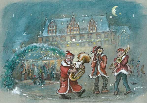 Adventskalender-Grußkarte Coburg - Musikanten auf dem Coburger Weihnachtsmarkt