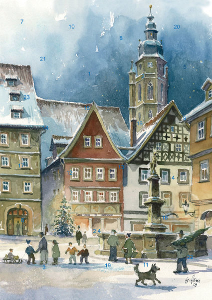 Wand-Adventskalender Coburg - Weihnachtsstimmung am Rückertbrunnen mit Glitzer
