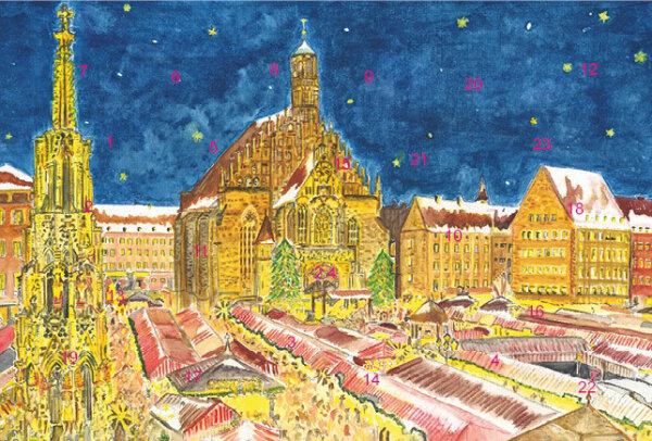 Adventskalender-Grußkarte Nürnberg - Christkindlesmarkt mit Frauenkirche mit Glitzer