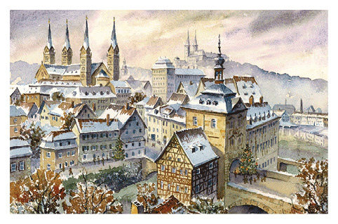 Kunstkarte Bamberg - Weihnachtliche Stimmung über der Altstadt mit Glitzer