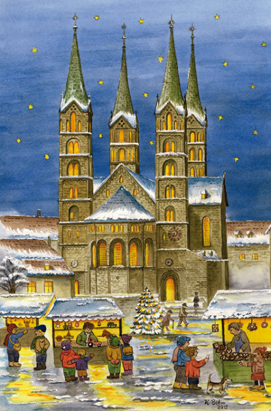 Kunstkarte Bamberg - Weihnachtsstimmung vor dem Dom mit Glitzer
