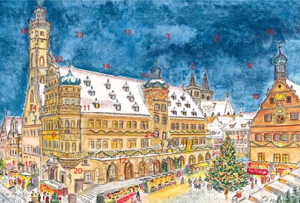 Adventskalender-Grußkarte Rothenburg ob der Tauber - Weihnachtliche Stimmung am Reiterlesmarkt mit Glitzer