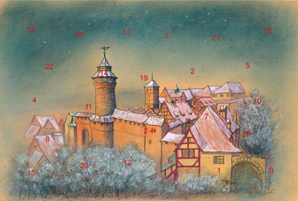 Adventskalender-Grußkarte Nürnberg - Die Kaiserburg im Abendlicht mit Glitzer
