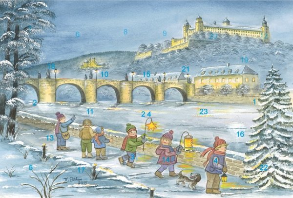 Adventskalender-Grußkarte Würzburg - Winterspaziergang am Main ohne Glitzer