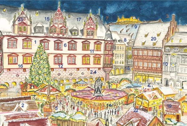 Adventskalender-Grußkarte Coburg - Frohes Treiben auf dem Weihnachtsmarkt mit Glitzer