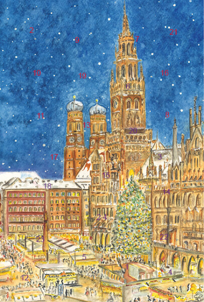 Adventskalender-Grußkarte München - Christkindlmarkt am Marienplatz ohne Glitzer