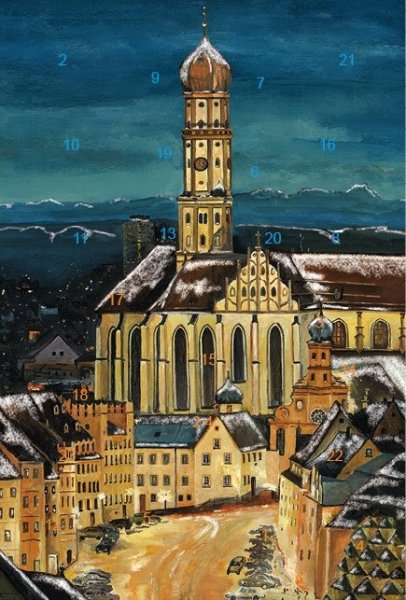 Adventskalender-Grußkarte Augsburg - St. Ulrich mit Alpenpanorama mit Glitzer