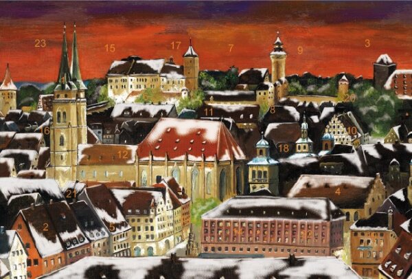 Adventskalender-Grußkarte Nürnberg - Weihnachtsstimmung über der Altstadt mit Glitzer