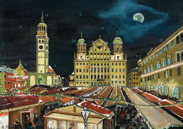 Wand-Adventskalender Augsburg - Weihnachtsmarkt auf dem Rathausplatz mit Glitzer