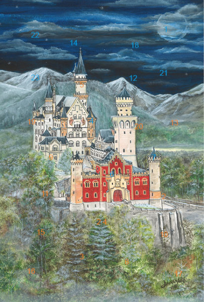 Adventskalender-Grußkarte - Schloss Neuschwanstein mit Glitzer