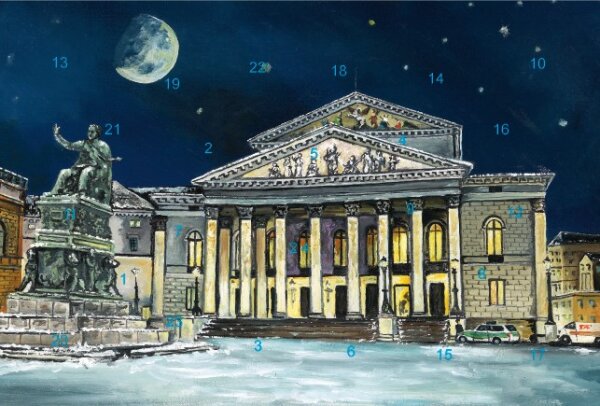 Adventskalender-Grußkarte München - Nationaltheater mit Glitzer