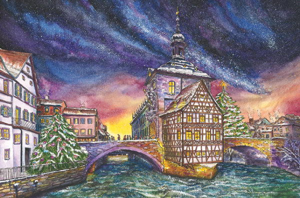 Kunstkarte Bamberg - Adventszeit am Alten Rathaus mit Glitzer